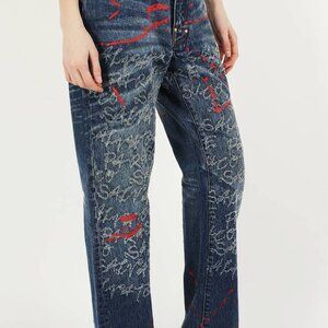 Vintage Parasuco Artsy Graffiti Blue Jeans with Red Paint Detail